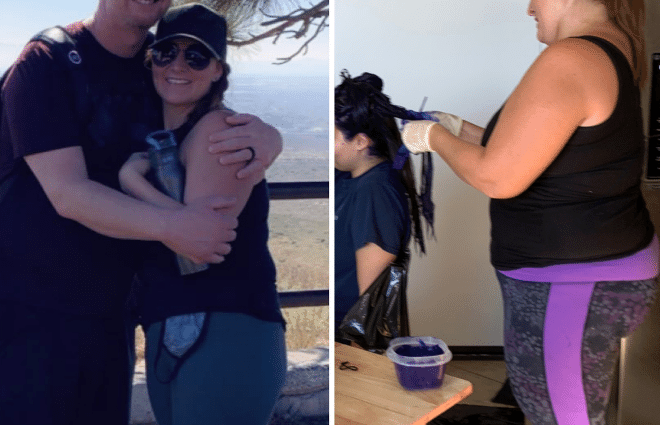 Chrystal hiking with husband in first part of image, and coloring daughter's hair in second part of image.