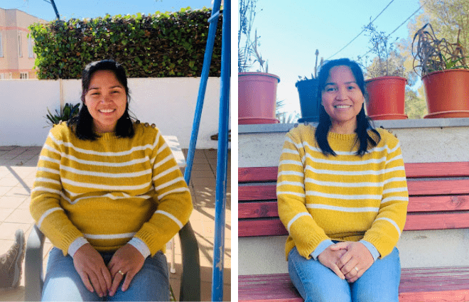 Left: Julai before weight loss. Right: Julai after weight loss. Wearing same outfit in both.